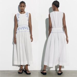 Zara White and Blue Embroidered Midi Dress